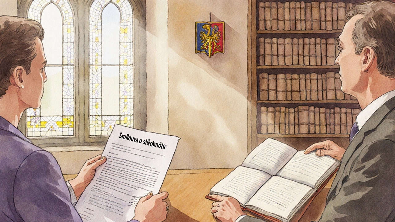 Dva vlastníci podepisují smlouvu o služebnosti v historické katastrální kanceláři.