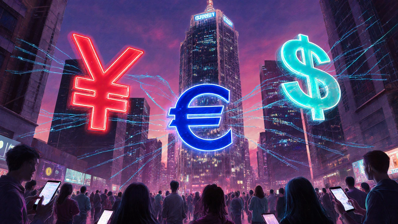 Futuristické město, lidé platí CBDC přes mobil, nad hlavou proudí blockchainové řetězy.