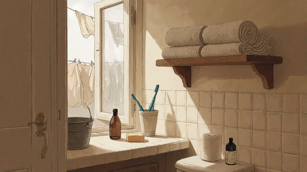 Koupelna s ručníky, zubním kartáčkem, mydlem a prádlem na věšáku