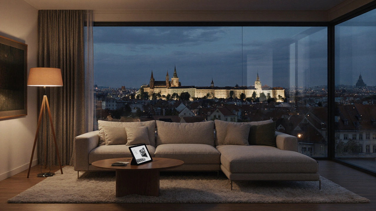 Český obývák s luxusní pohovkou Prada, tablet ukazuje 3D model, za okny vidět Praha.