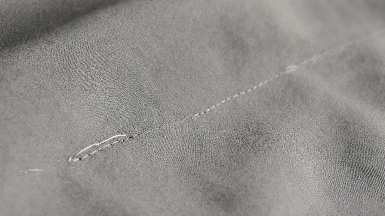 Detail jednobarevné šedé textilie s tenkými švy a jemnou strukturou vláken.