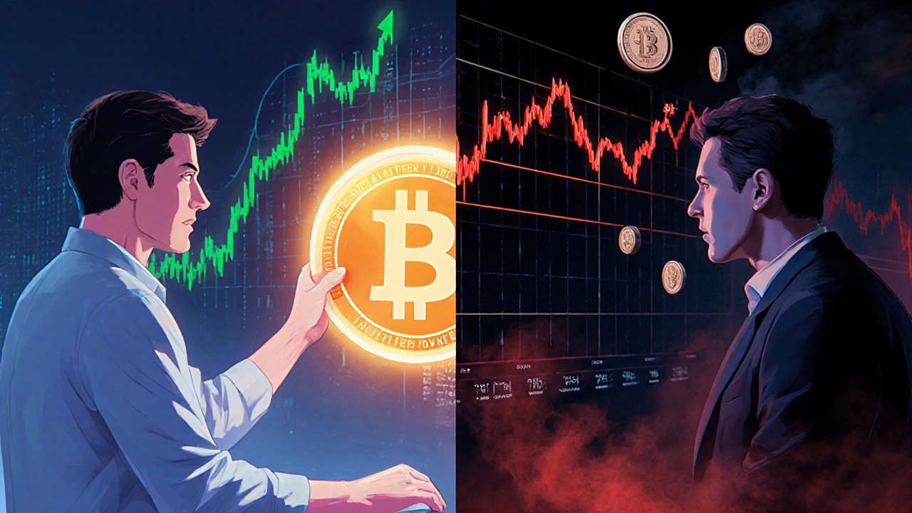 Dvě scény: trader otevírá pozici a poté čelí varování o liquidaci s rozpadajícími se kryptoměnami.