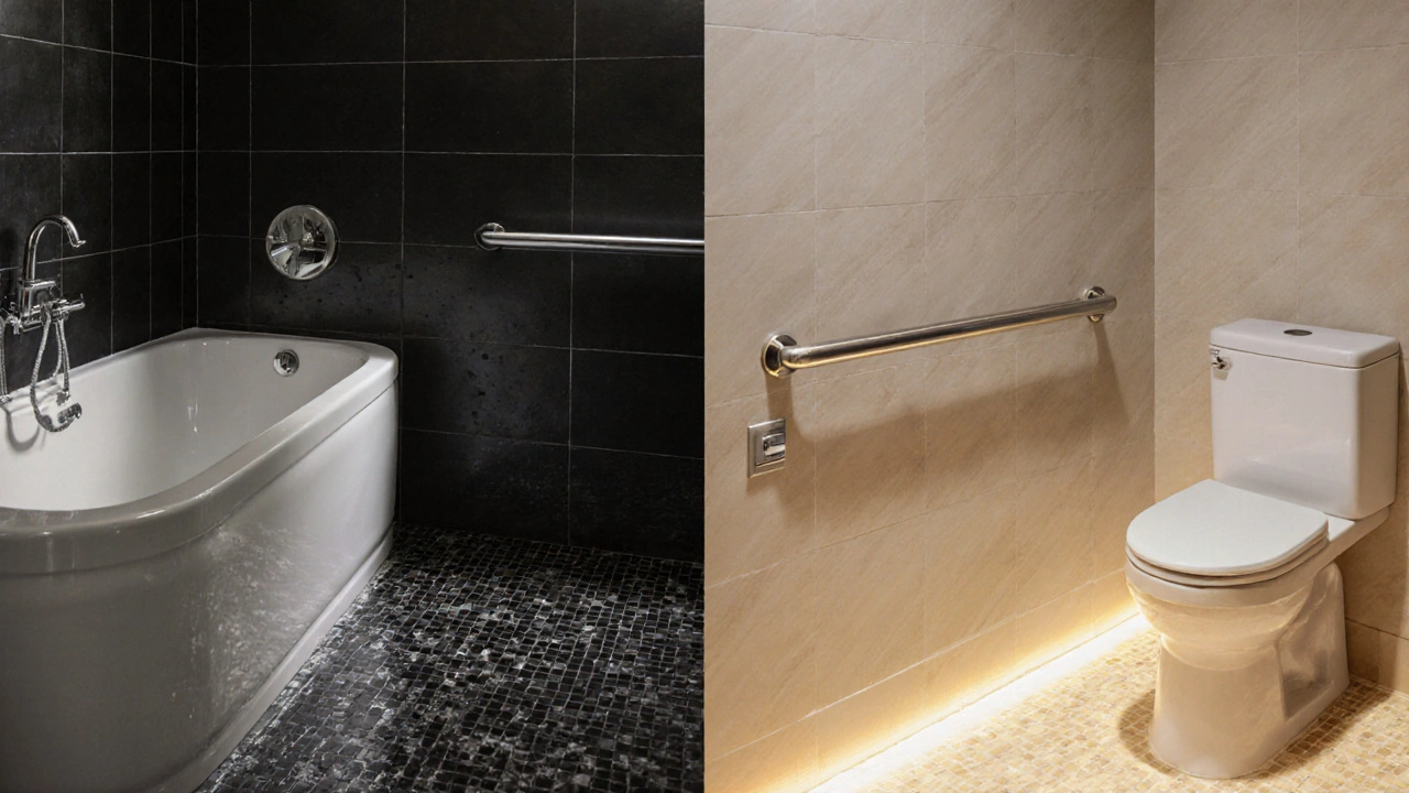 Dvě verze koupelny: nebezpečná tradiční vlevo a bezpečná moderní vpravo — kontrast rizika a bezpečí.