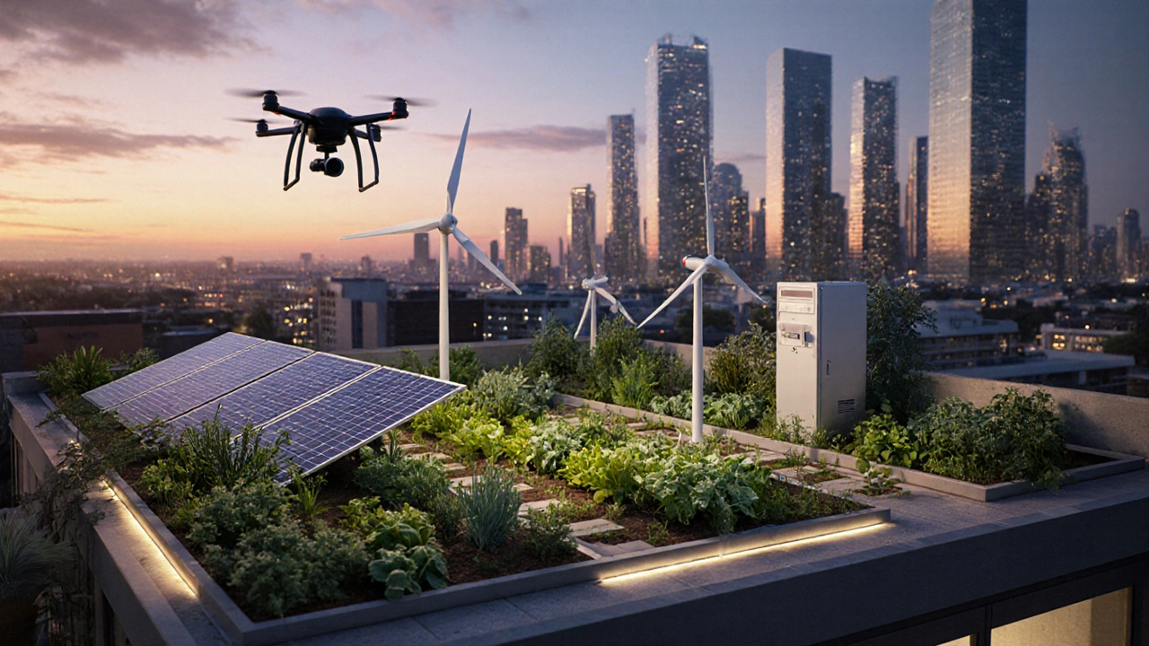 Futuristická střešní zahrada penthousu s vertikální farmou a solárními panely.