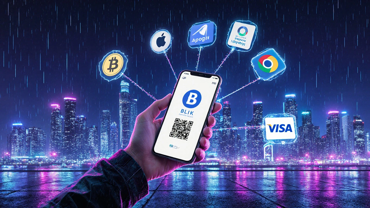 Futuristické město v noci, osoba drží telefon s BLIK kódem, kolem plavou hologramy Bitcoinu a Open Banking.