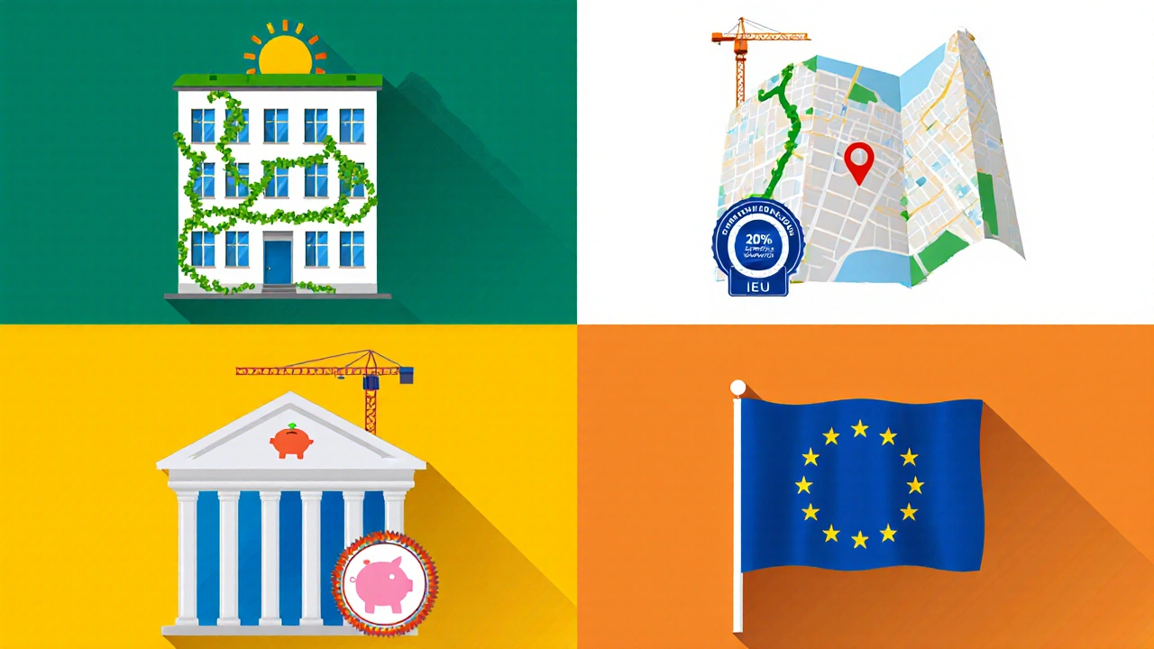 Ilustrace čtyř hlavních dotačních programů: Nová kvinta, Zonostaveb, stavební spoření a EU plán.