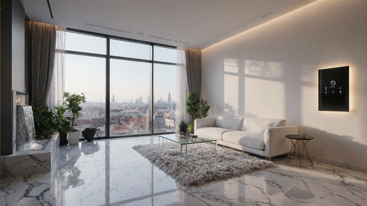 Interiér luxusního penthousu s podlahou z mramoru Calacatta a inteligentními prvky.