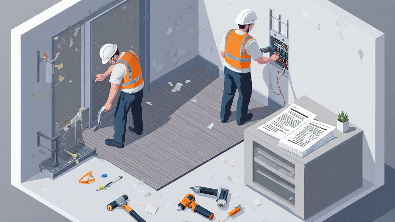 Isometrické zobrazení bytové rekonstrukce s pracujícími řemeslníky.