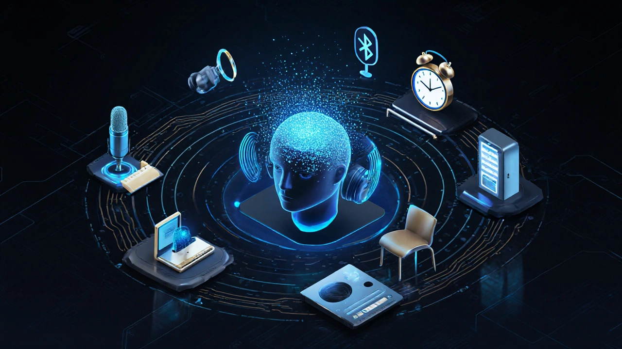 Koncepční obrázek audio zařízení obíhajících hlavu s filtrováním hluku a zvýrazněním hlasu.