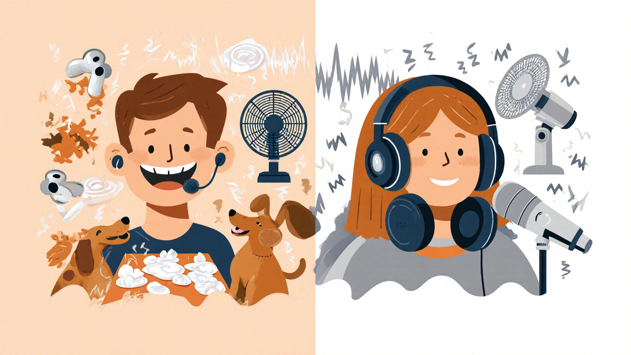 Porovnání levných a kvalitních audio zařízení pro videohovory s vizuálním znázorněním hluku a čistého zvuku.