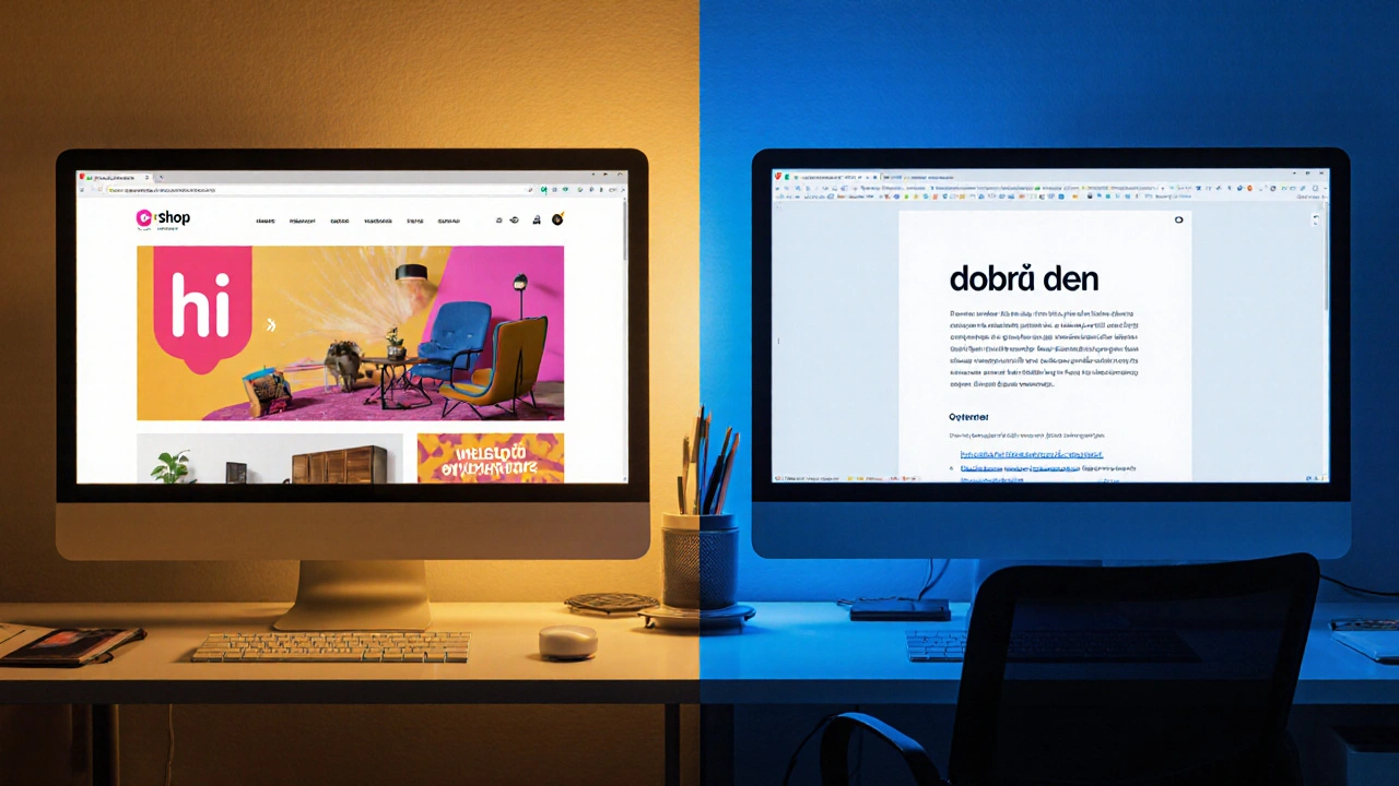 Rozdělený obraz ukazuje e‑shop s neformálním „hi“ a formálním „dobrý den&quot; v marketingovém kontextu.