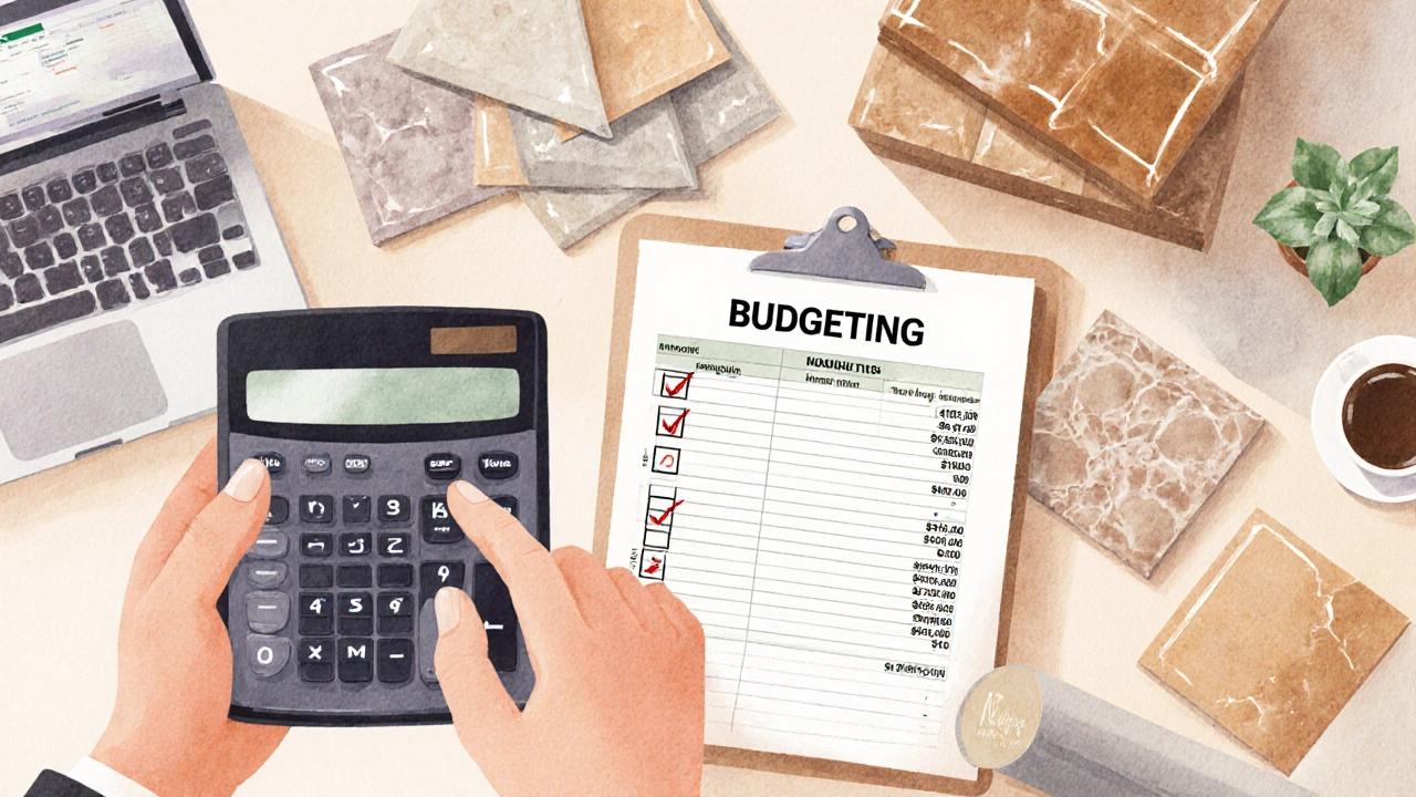 Ruka s kalkulačkou, laptop a materiálové vzorky při tvorbě rozpočtu.