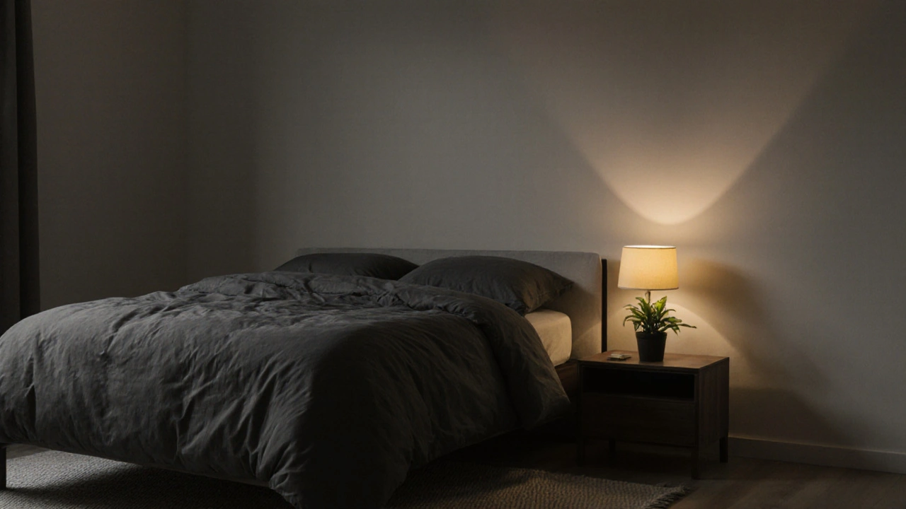 Šedá deka v ložnici s jediným žlutým světlem a zeleným květináčem jako akcentem.