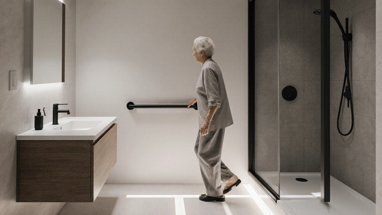 Senior vstupuje do koupelny, kde automaticky zapíná světlo — bez tlačítek, bez madel na stěně, jen klid a bezpečí.