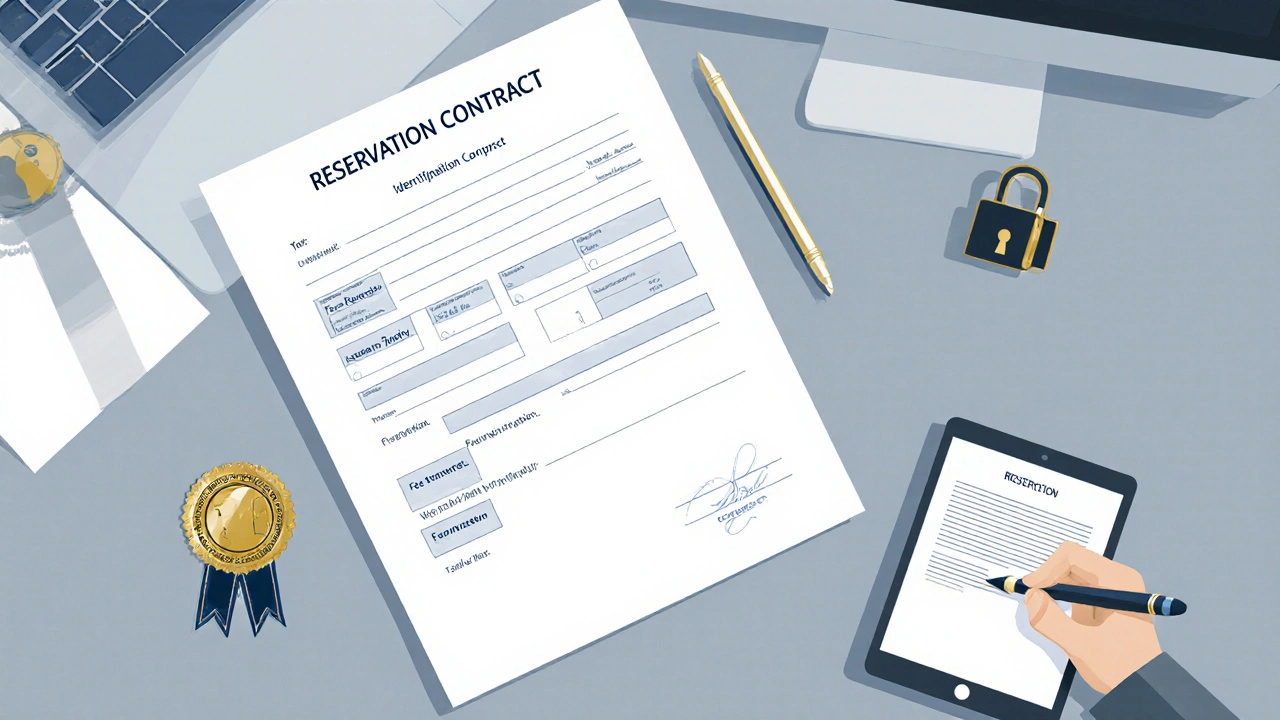 Stůl s otevřenou smlouvou, zvýrazněnými částmi, notářskou pečátkou a tabletem.