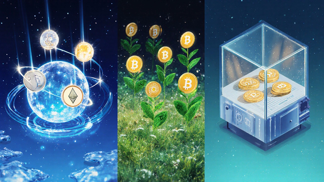 Tři futuristické oblasti: stakingový uzel, farmu tokenů a lendingový trezor.