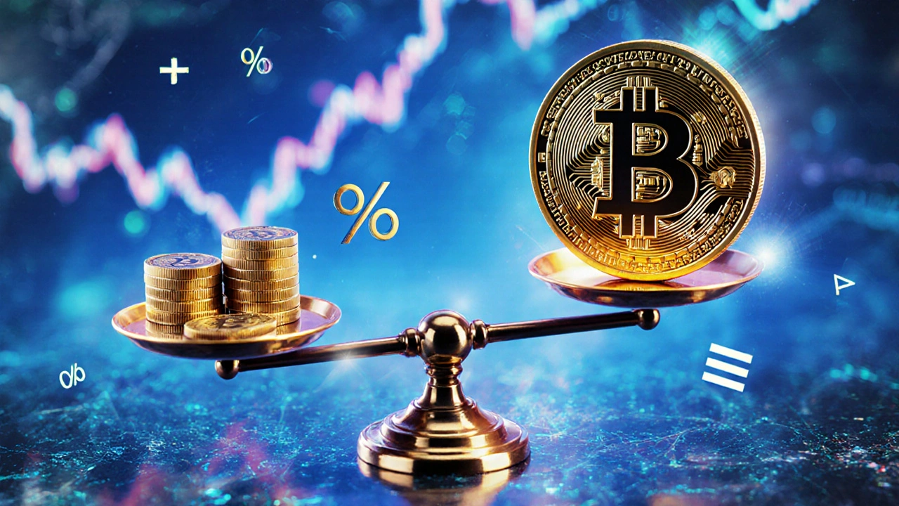 Váha s malou částkou peněz a obrovskou futures smlouvou, symbolizující riziko a levéráž.