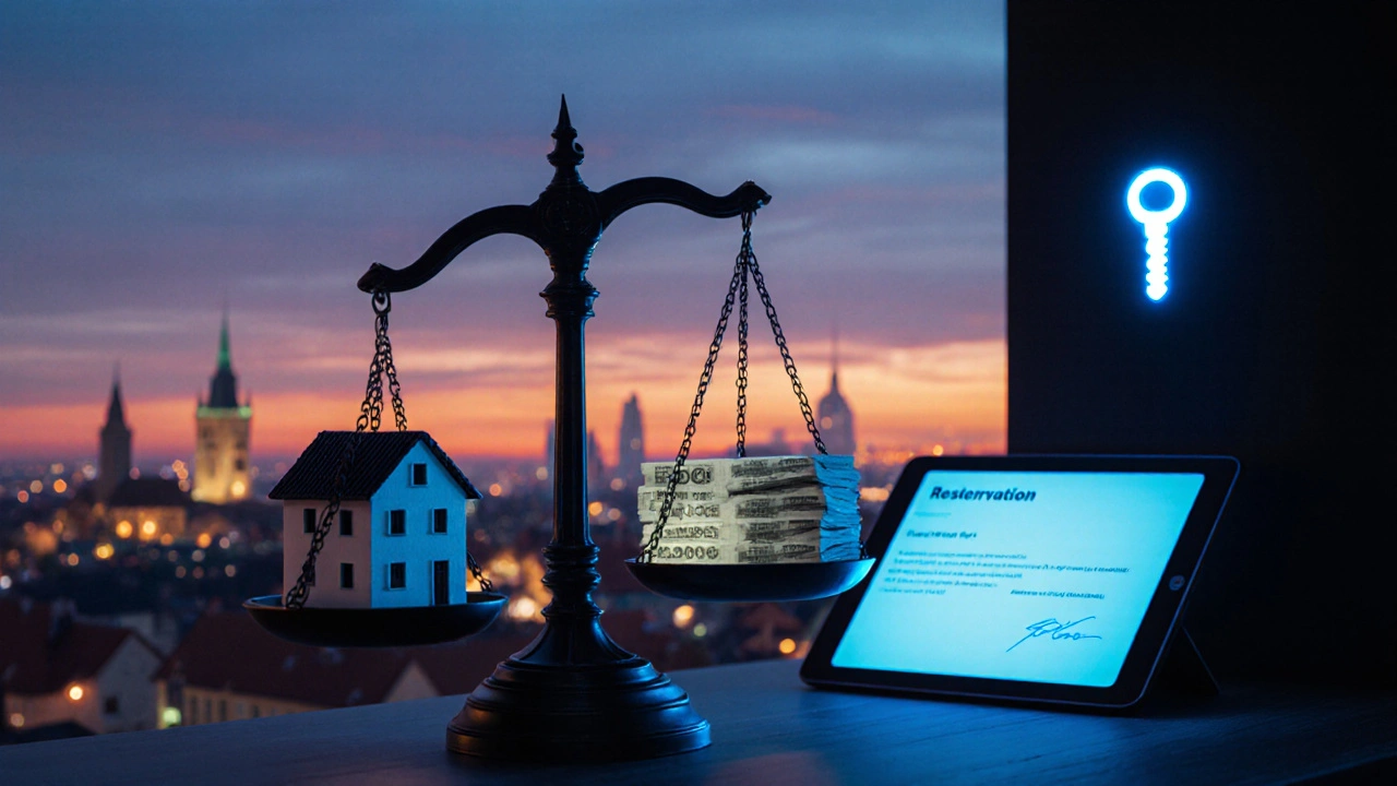 Váhy spravedlnosti s modelem domu a penězi, digitální tablet a klíč v pozadí.