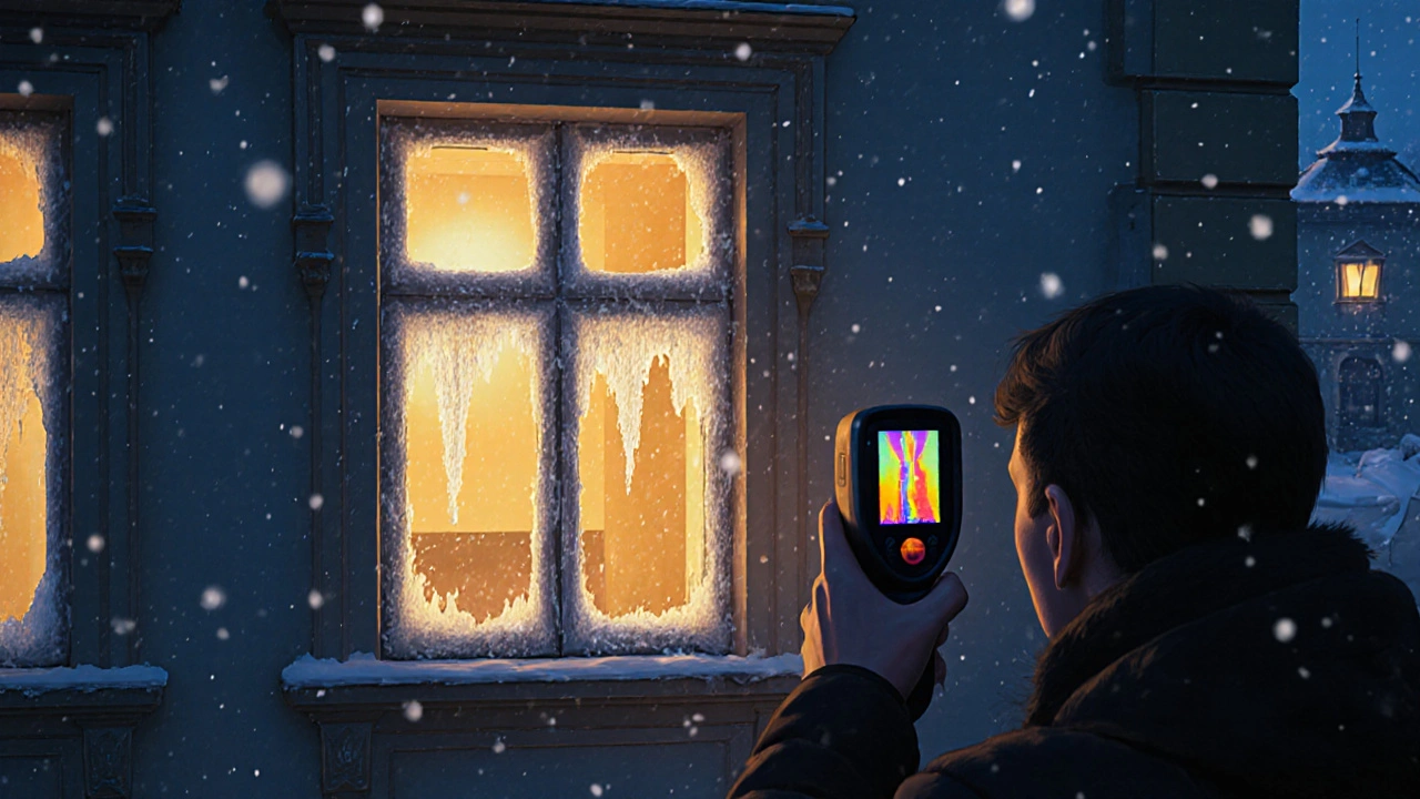 Vlastník měří tepelné ztráty na starém okně pomocí tepelné kameru v zimním večeru.