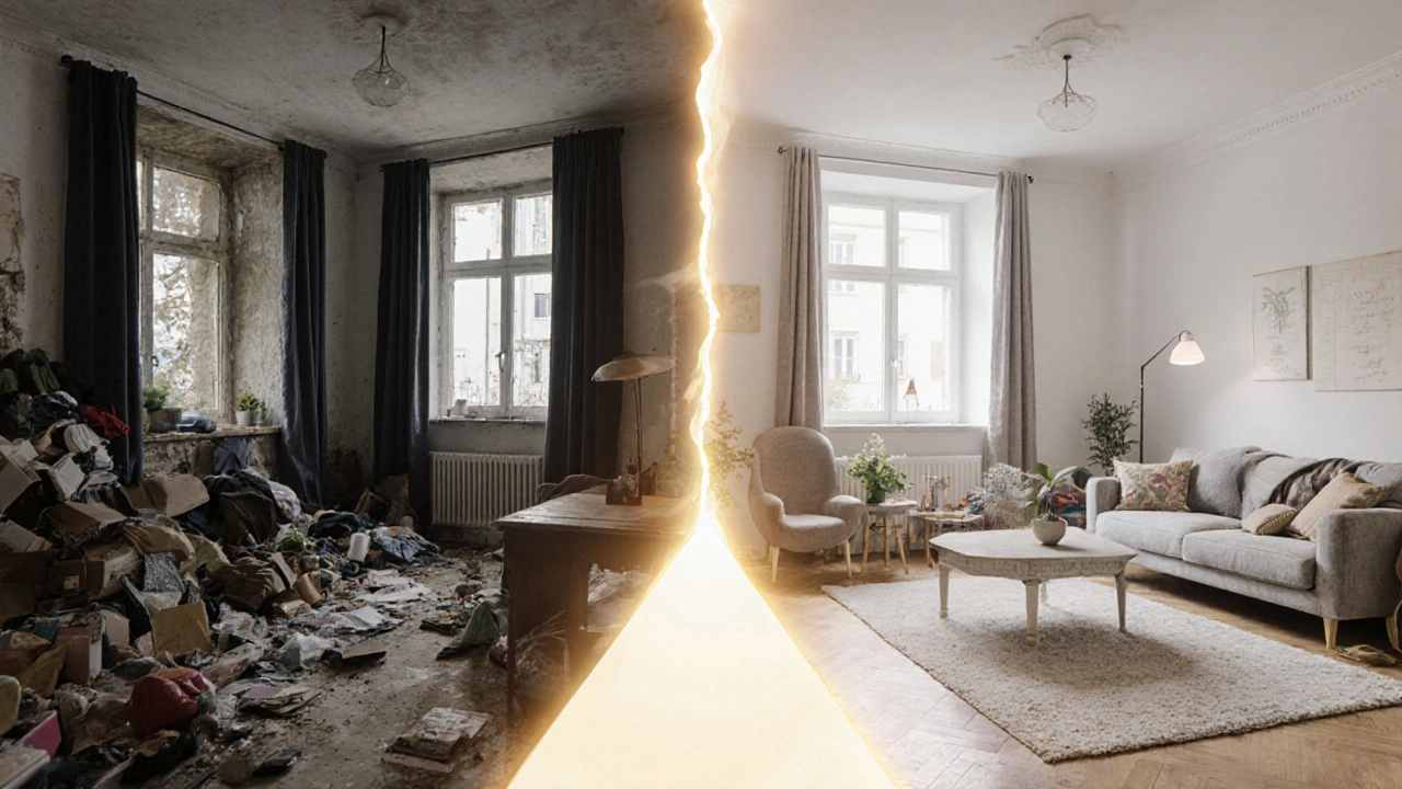 Before-and-after visual metaphor of a cluttered home transforming into a staged, luminous space.