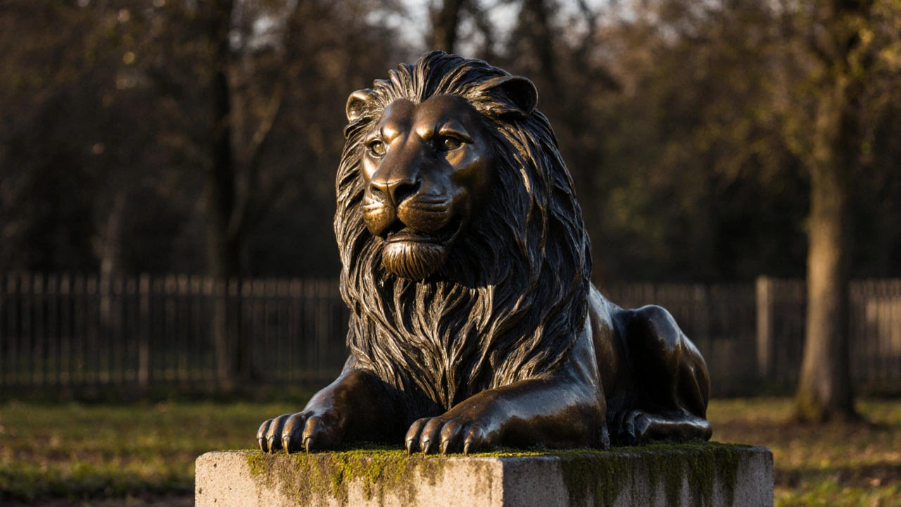 Bronzová soška lva na kamenité podložce venku v české zahradě s dramatickými stíny ranního slunce.