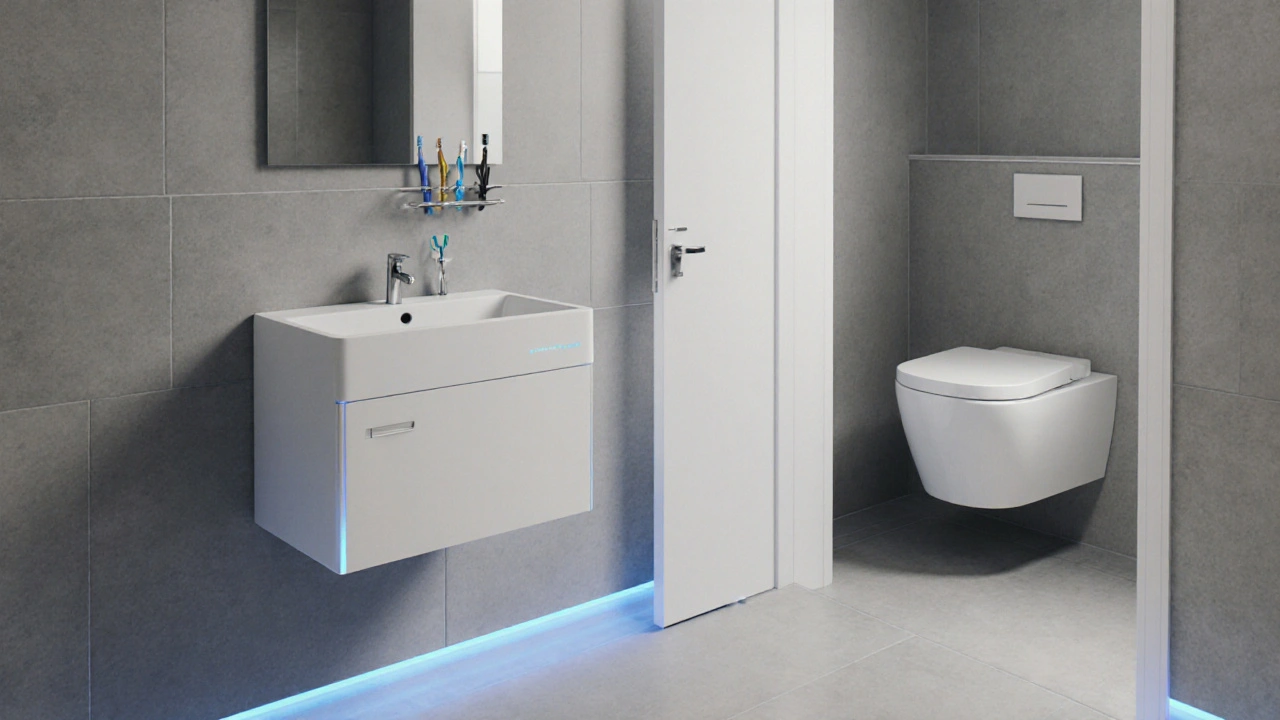 Budoucí koupelna s přehýbatelným umyvadlem, integrovaným WC a bidetem, magnetickými nosiči a bezpečným osvětlením.