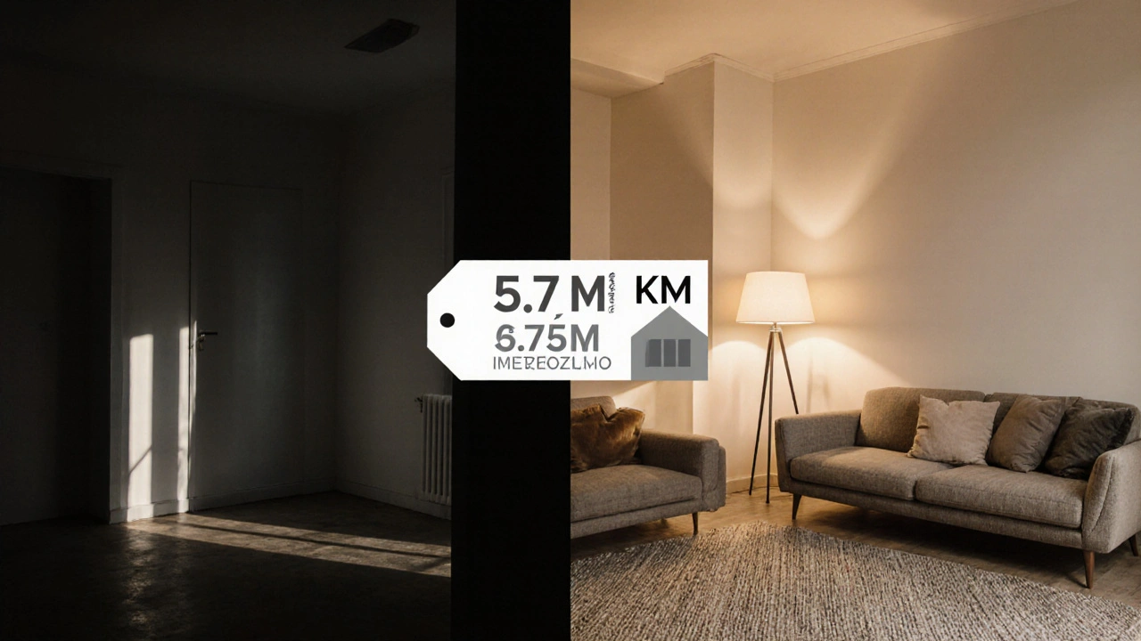 Dvě strany stejného bytu: prázdný vs. stagingovaný — kontrast mezi nejistotou a přívětivostí.