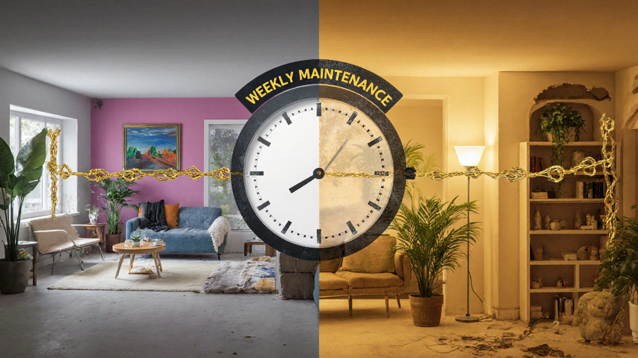 Dvě verze stejné nemovitosti: jedna perfektně udržovaná, druhá zanedbaná, spojené symbolickou linkou údržby.