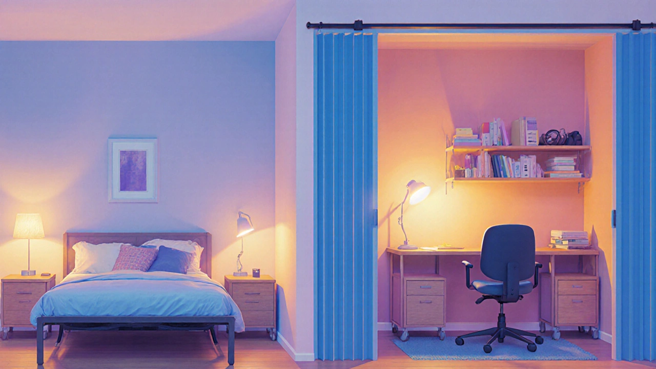 Dvoučelná scéna jedné místnosti: jedna strana jako klidná ložnice, druhá jako pracovní kout, spojená pohyblivou stěnou.