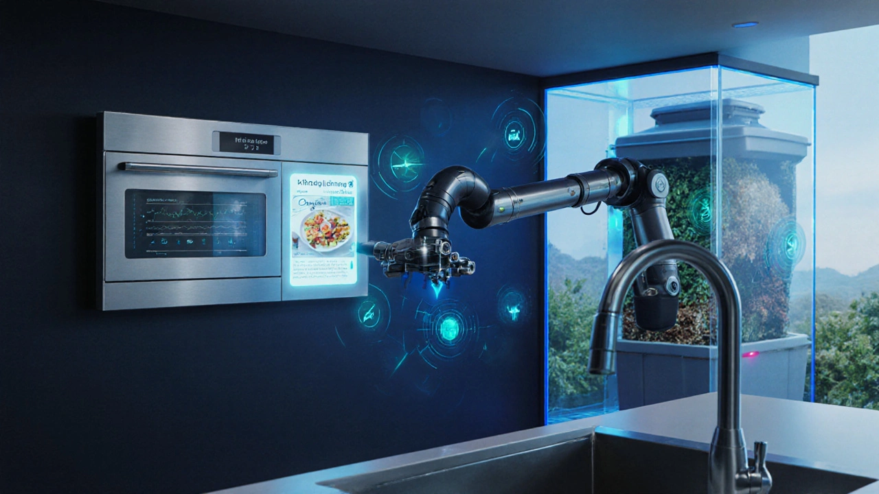 Futuristická kuchyňská centrála s AI ovládáním a automatickým kompostováním odpadu v roce 2025.