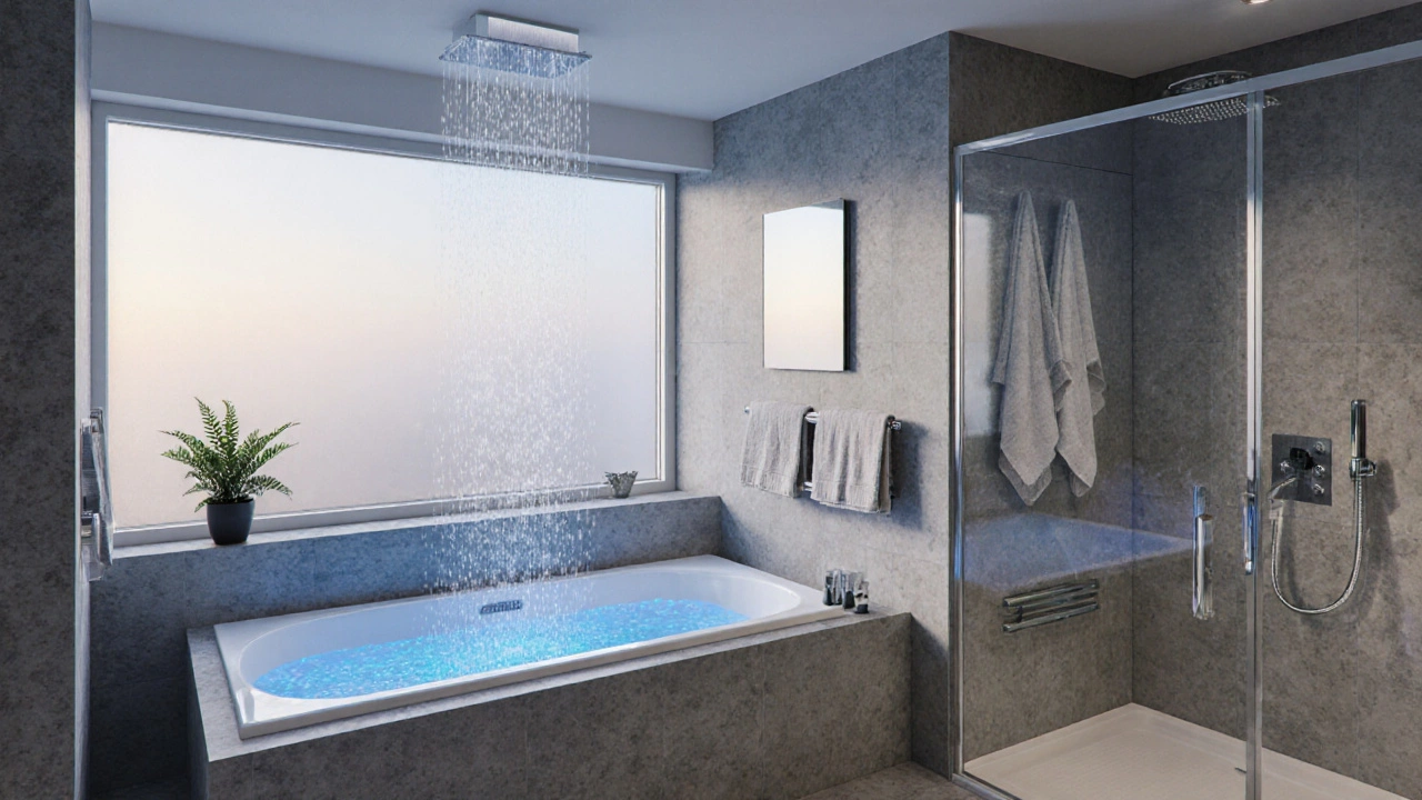 Hydroterapeutická van s chromoterapií v koupelně v ranním světle, s kamenitými dlaždicemi a čistými čarami.