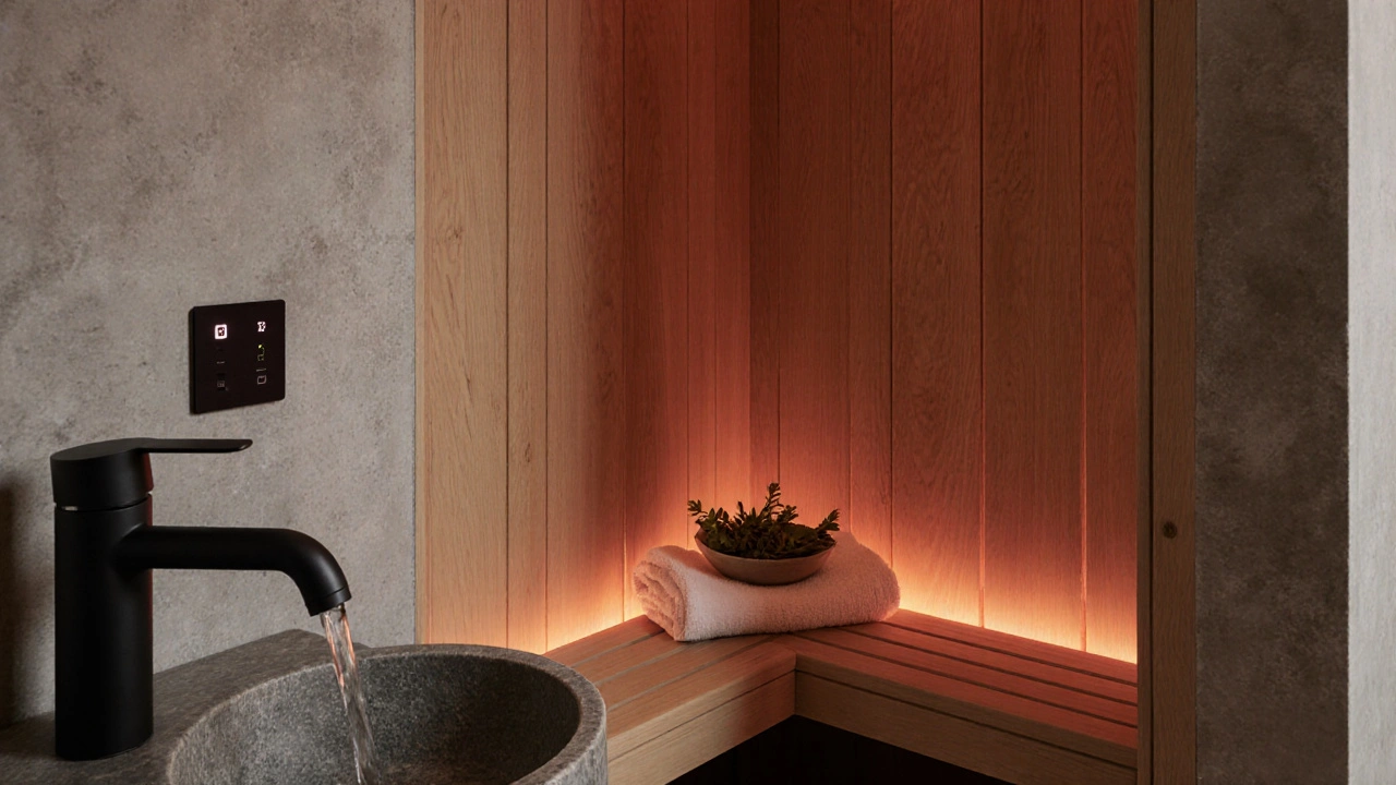 Infrasauna v malé koupelně s betonovými stěnami, teplým dřevem a jemně červeným osvětlením.
