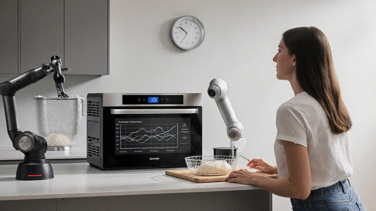 Inteligentní pekařská zóna s robotem a chytrou troubou, která sleduje vlhkost a teplotu těsta.