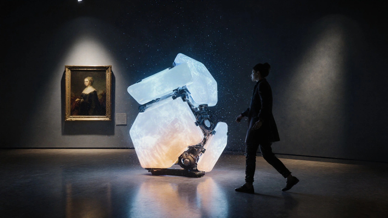 Interaktivní světelná socha, která se mění při přiblížení návštěvníka, promítající světlo na zeď.