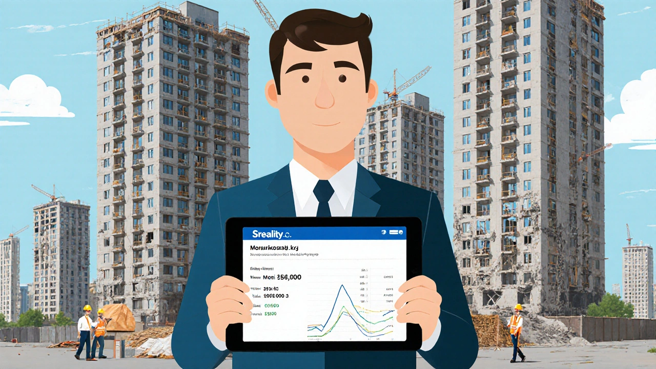 Investor viewing rising apartment prices on tablet, modern construction in background, old buildings vacant.