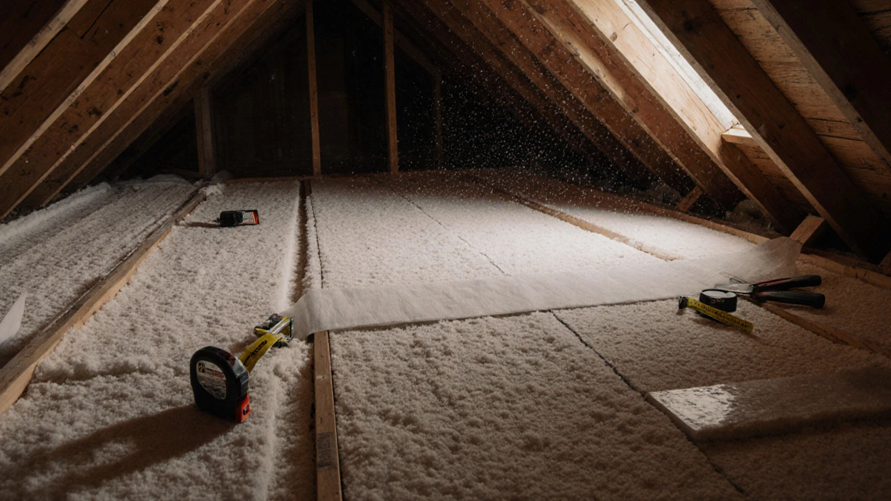 Izolace stropu nad garáží tvrdými deskami z minerální vlny mezi trámy.