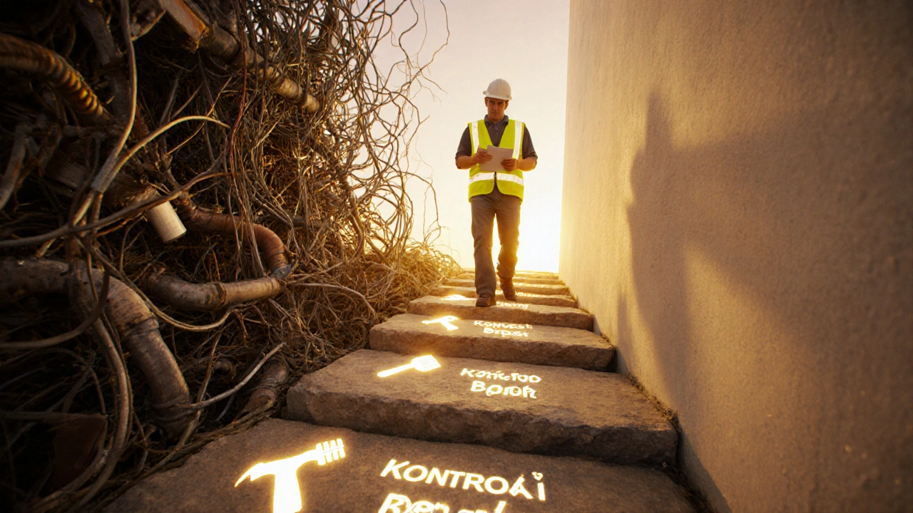 Koncepční znázornění stavebního harmonogramu jako cesty s kontrolními body, kde chaos přechází v řád.