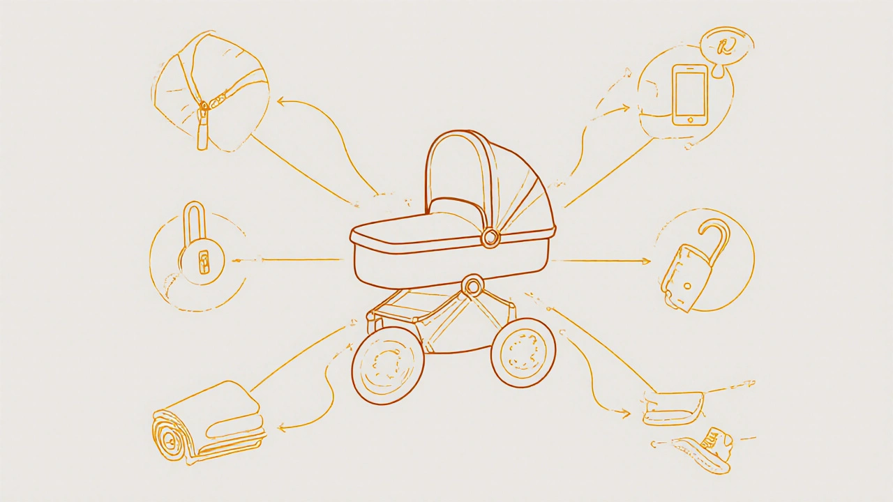 Konceptuální grafika systému pro kočárek s komponenty jako háček, podložka a držák na telefon.