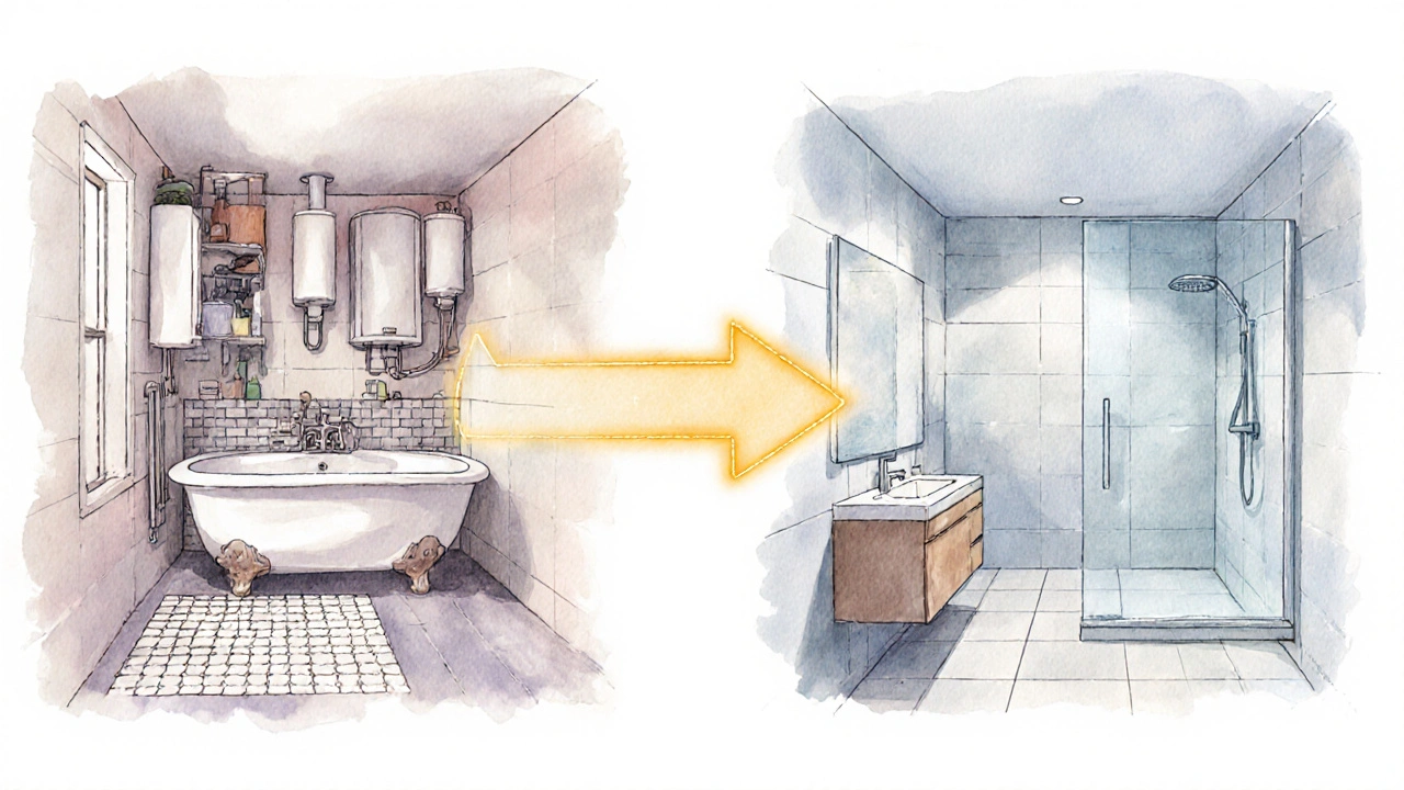 Konceptuální obrázek přeměny těsné koupelny na prostornou s moderním vybavením a velkými obklady.
