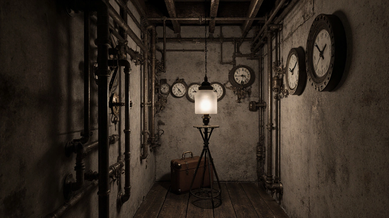 Koridor s mosaznými manometry, trubkami a hodinami na zdi, bez moderních prvků.