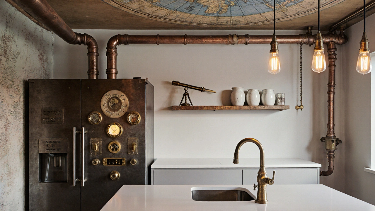 Kuchyně s přepracovaným parním kotlem jako lednicí a mosaznými armaturami na minimalistickém pozadí.