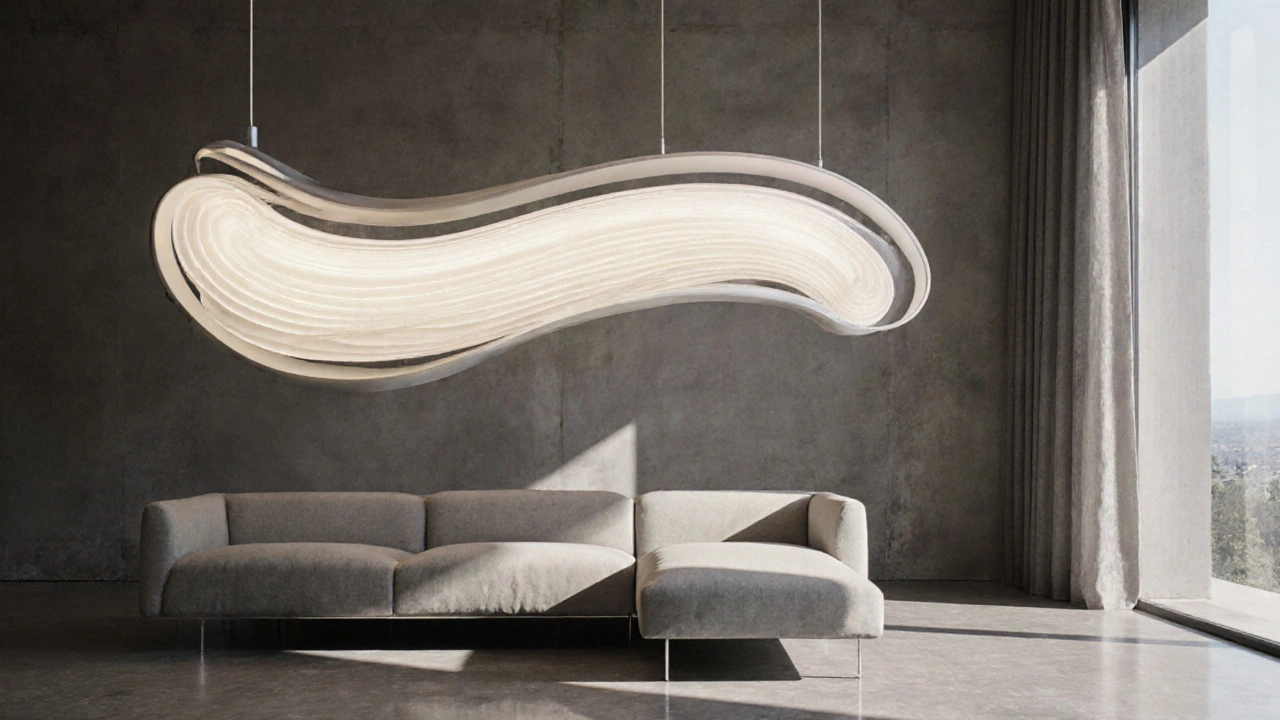 Luxusní svítidlo sestávající z hliníku a skla jako centrální umělecký prvek v minima listickém bytě.