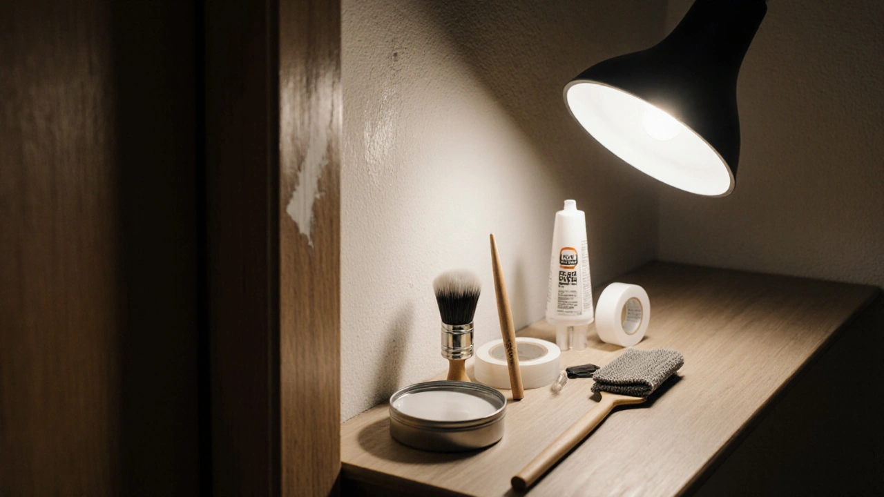 Malá opravná souprava na přehledném poličce s barvou, štětkou a jinými nástroji pro rychlé opravy.