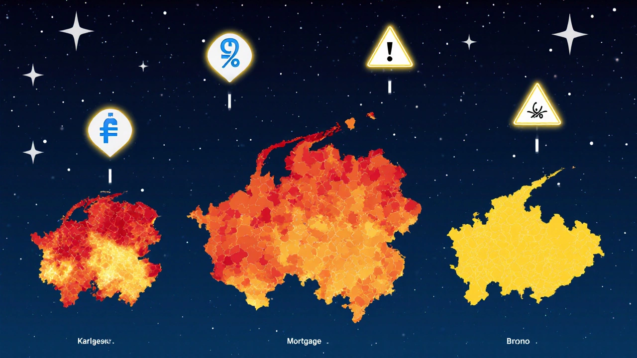 Map of Czech regions with glowing growth rates, Prague glowing with warning, mortgage rates falling in sky.