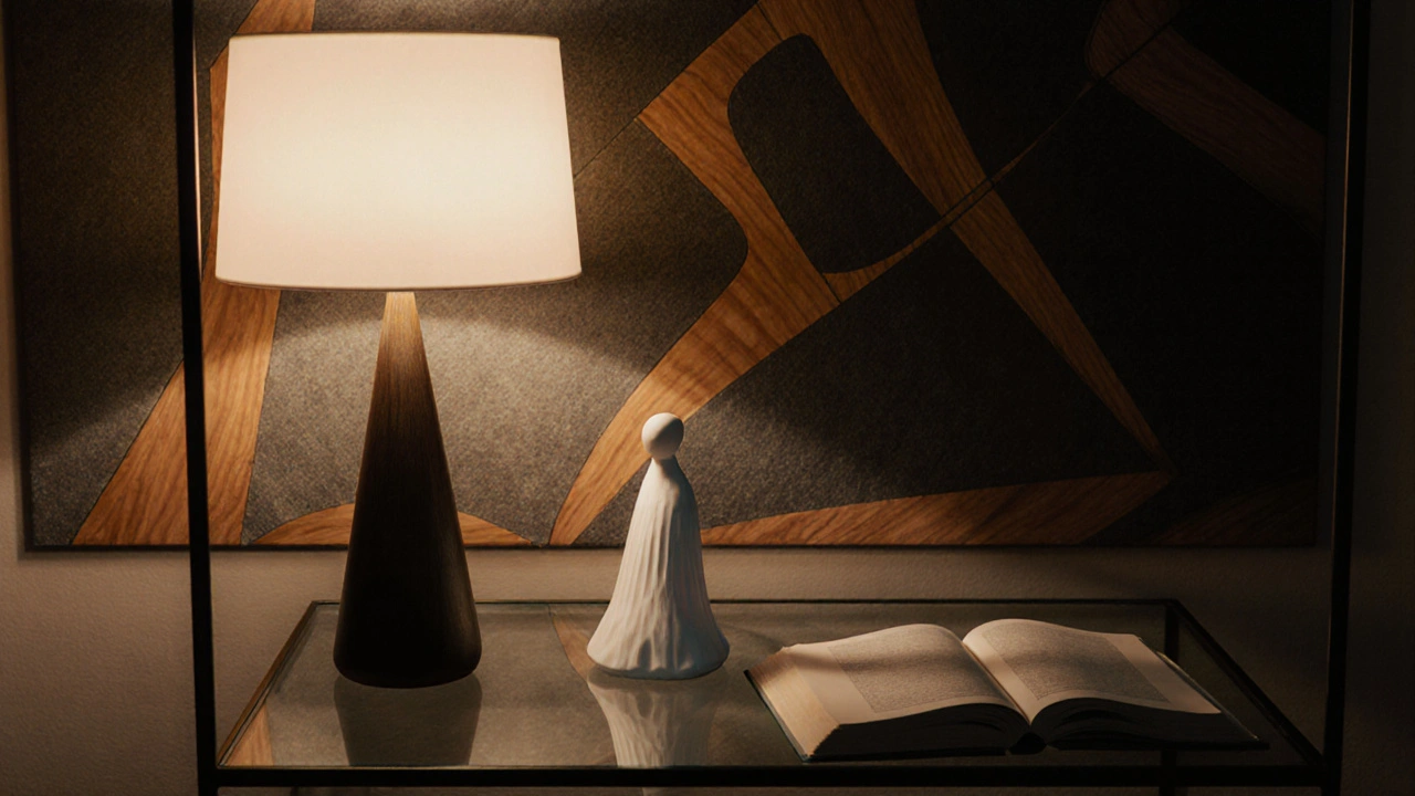 Moderní porcelánová soška na stole mezi lampou a knihou s jemným osvětlením a dřevěným pozadím ve vitříně.