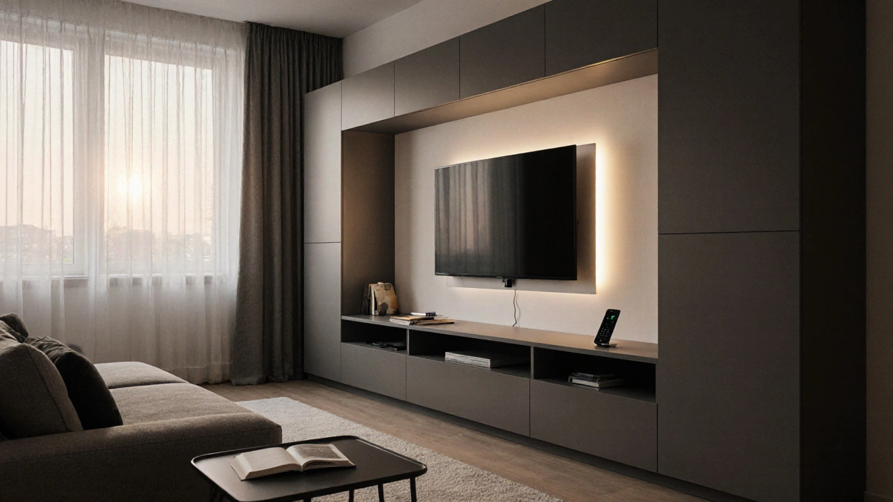Modulární TV stěna s LED osvětlením za obrazovkou a bezdrátovým nabíjením v moderním českém bytě.