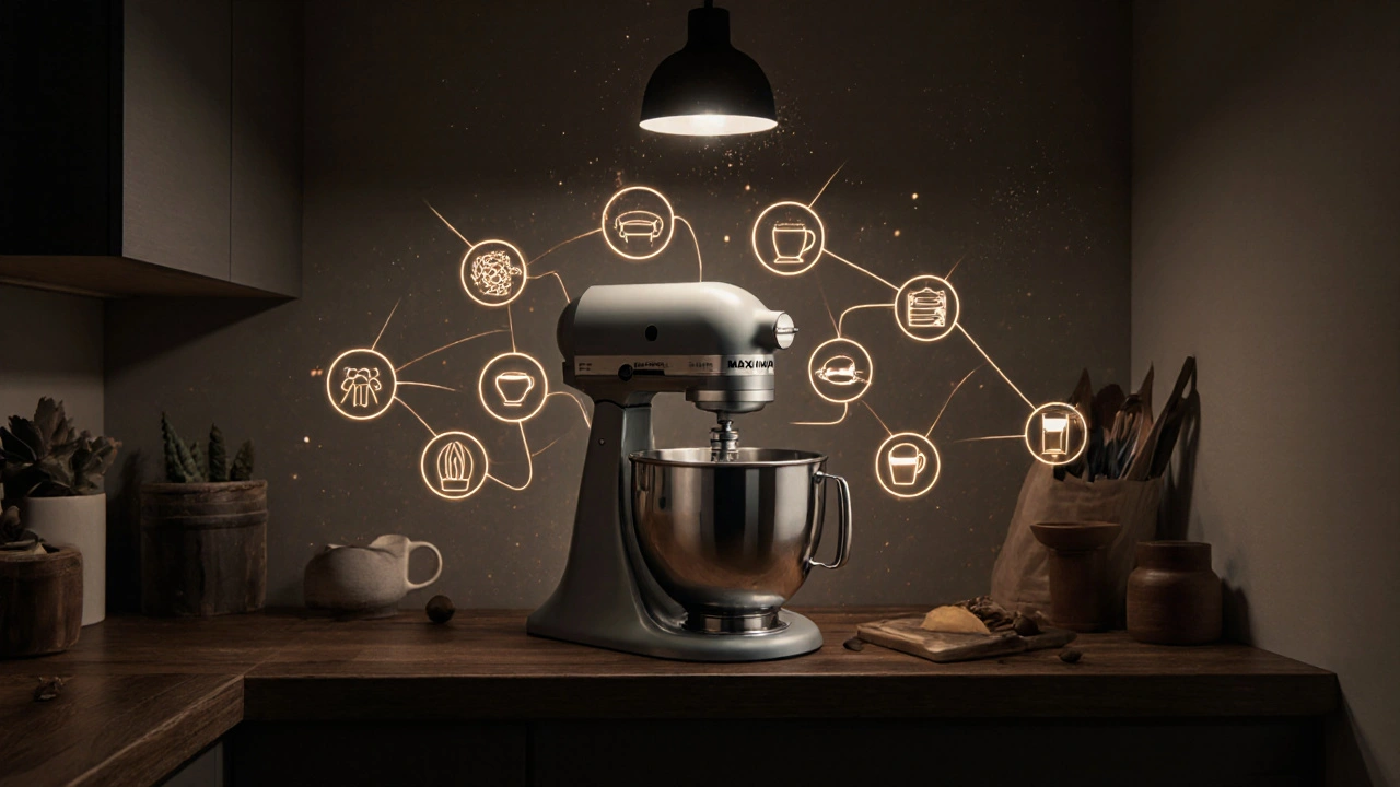 Multifunkční mixér MAXIMA s představou jeho 12 funkcí jako lechtavých ikon v malé kuchyni.