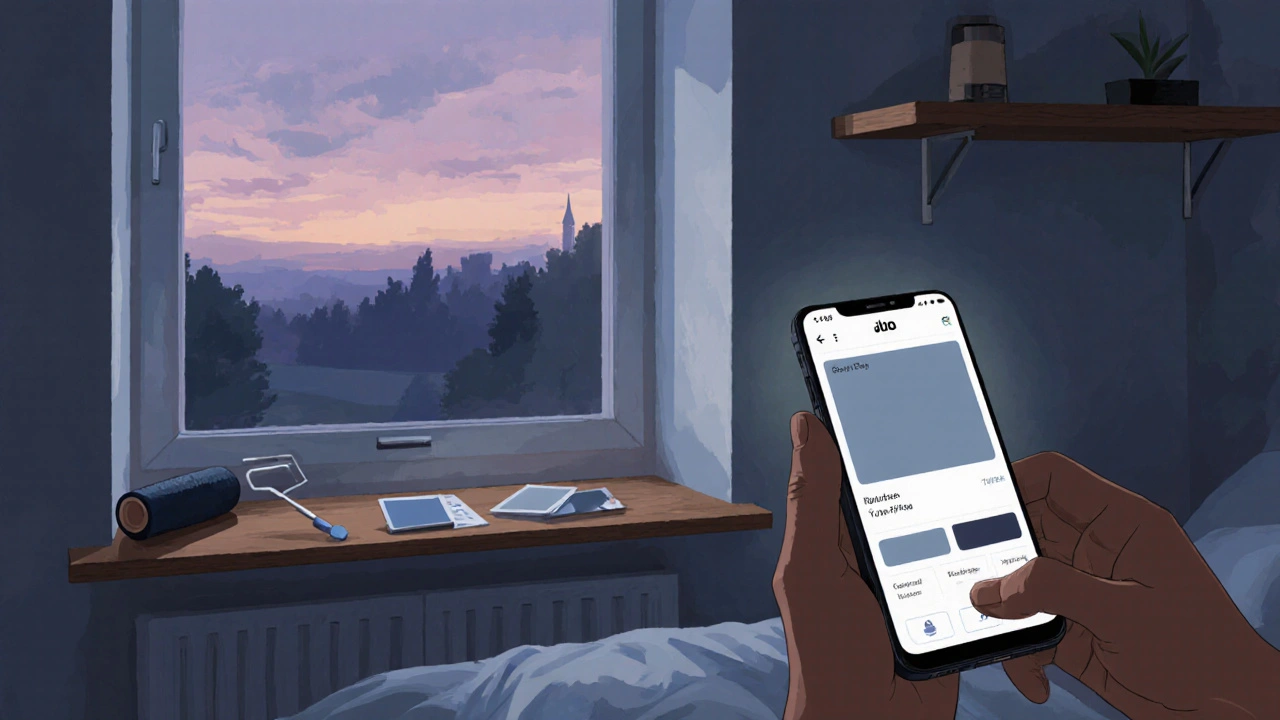 Osoba s telefonem zobrazujícím barvu stěny v ložnici, vedle ní vzorky barvy.