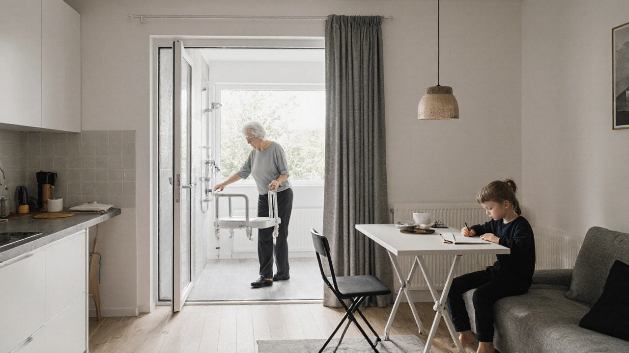 Otevřený prostor s posuvnými skleněnými dveřmi, děti u učebního stolu a starší osoba v koupelně s opěrkami.