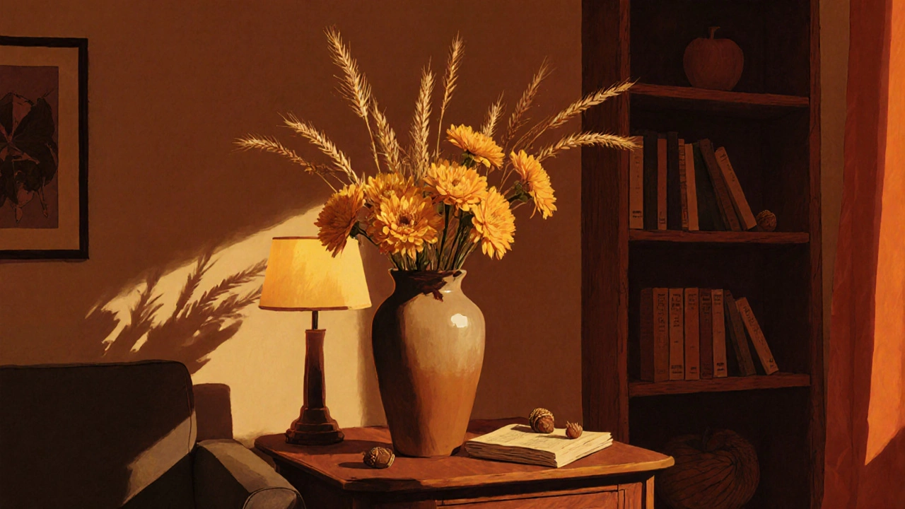 Podzimní dekor s chryzantémami a suchými klasy na stolku, teplé odstíny a klidná atmosféra.